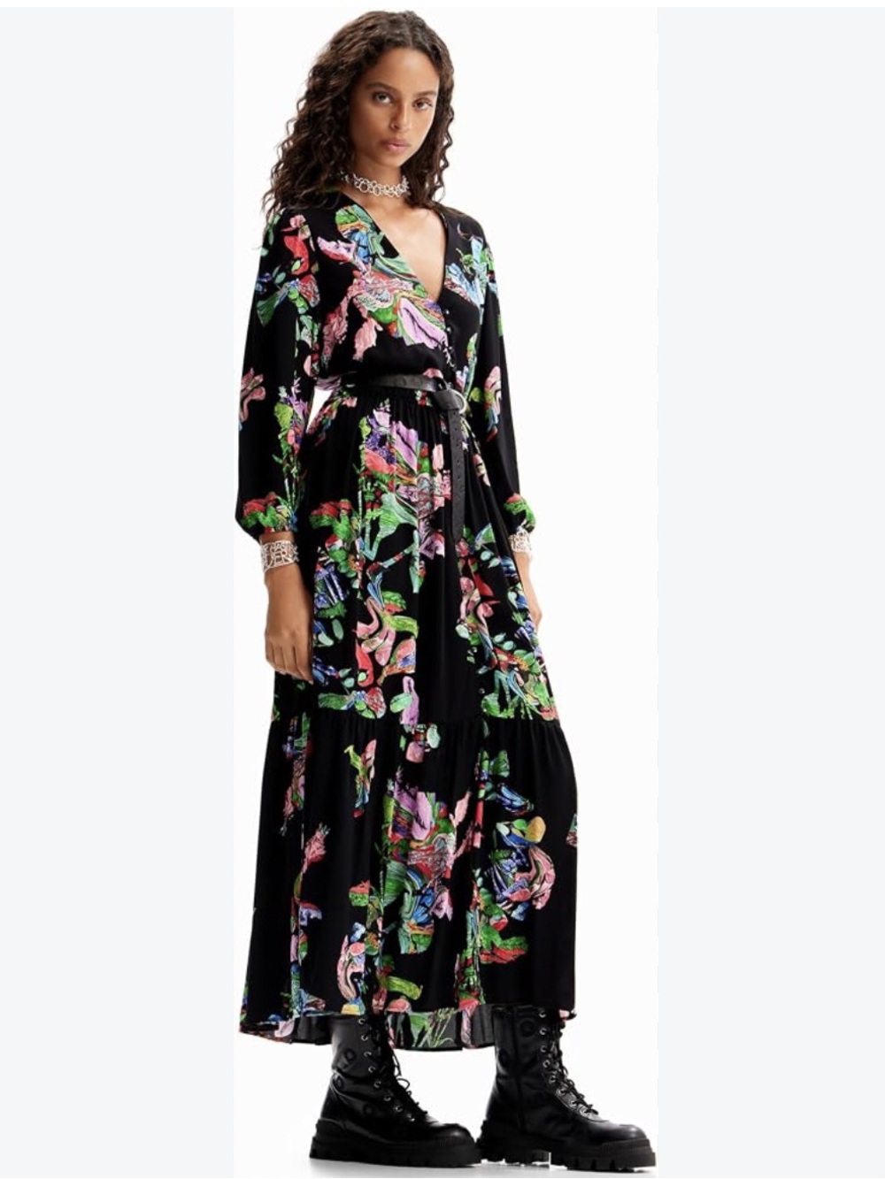 Desigual x M.C.LACROIX Floral Long Shirt Dress Button down Midi black XXL